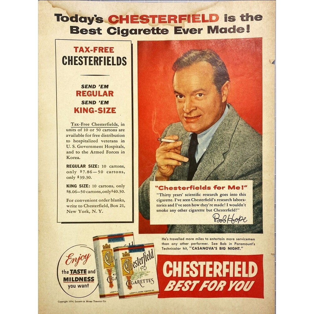 Chesterfield Cigarettes "Best for you" Bob Hope Vintage Print Ad 1954